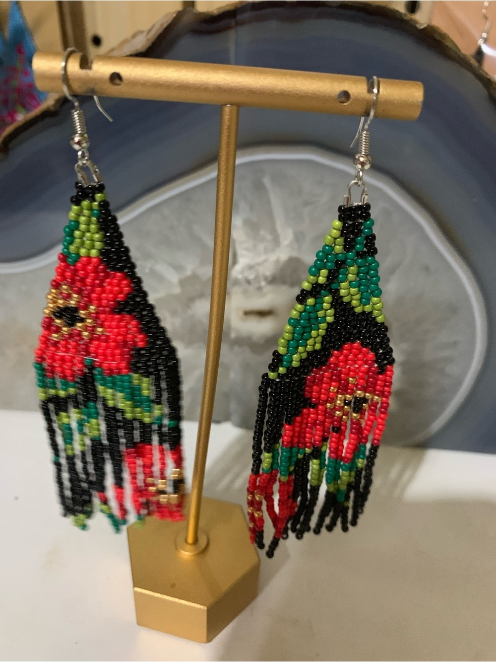 Black Beaded Fringe Earrings with Red Floral Design